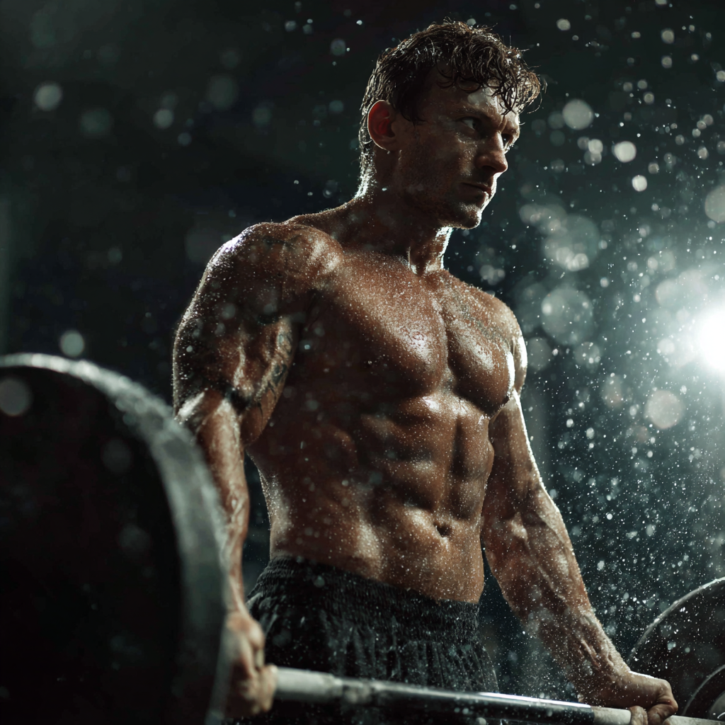 Сильний чоловік з гантелями